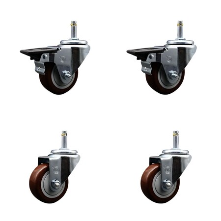 Service Caster 3'' Maroon Poly Wheel Swivel 7/16'' Grip Ring Stem Caster Set 2 Brakes, 4PK SCC-GR20S314-PPUB-MRN-PLB-716138-2S2